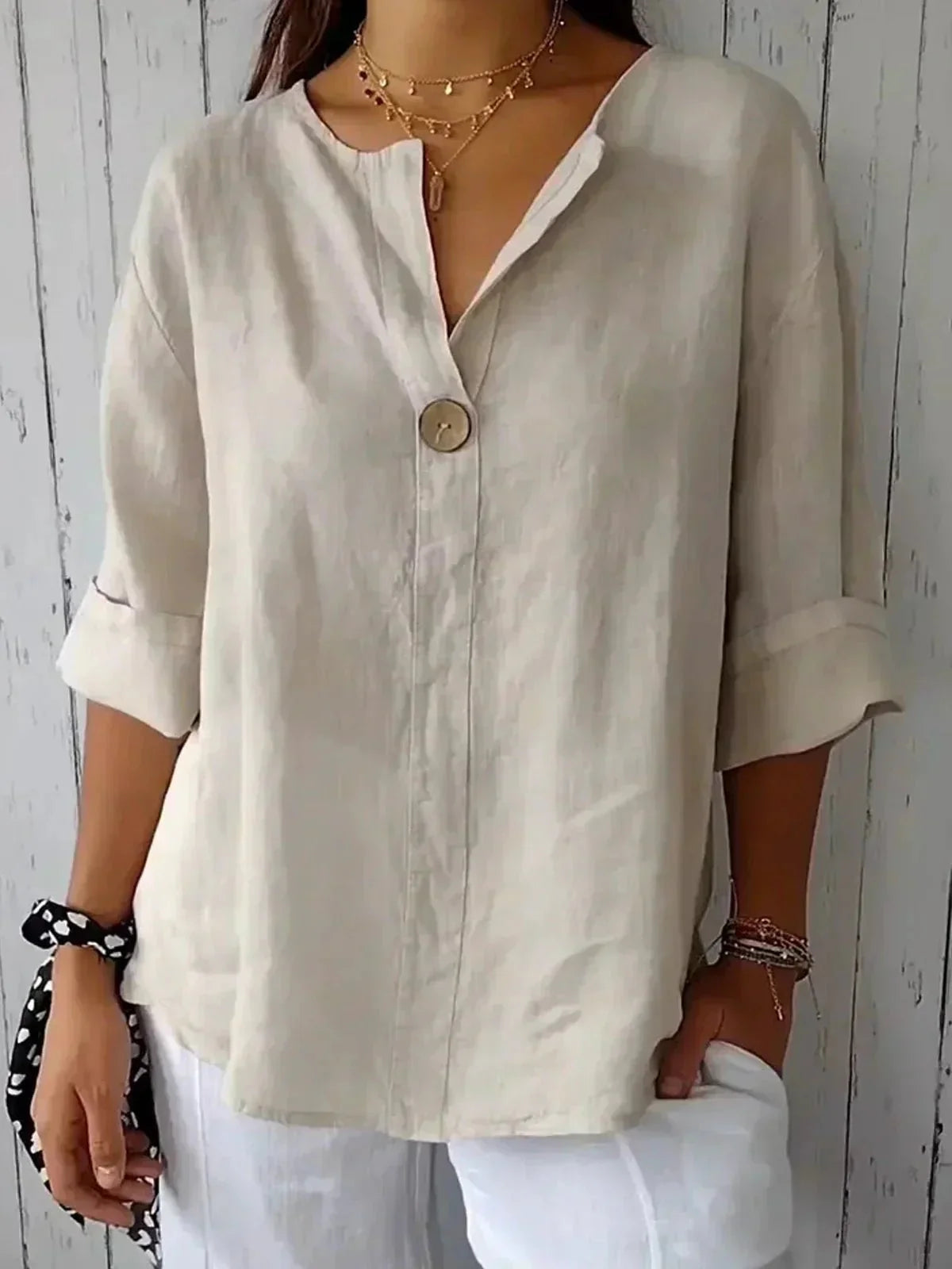 Bella | Women's V-Neck 3/4 Sleeve Relaxed Button Blouse 1