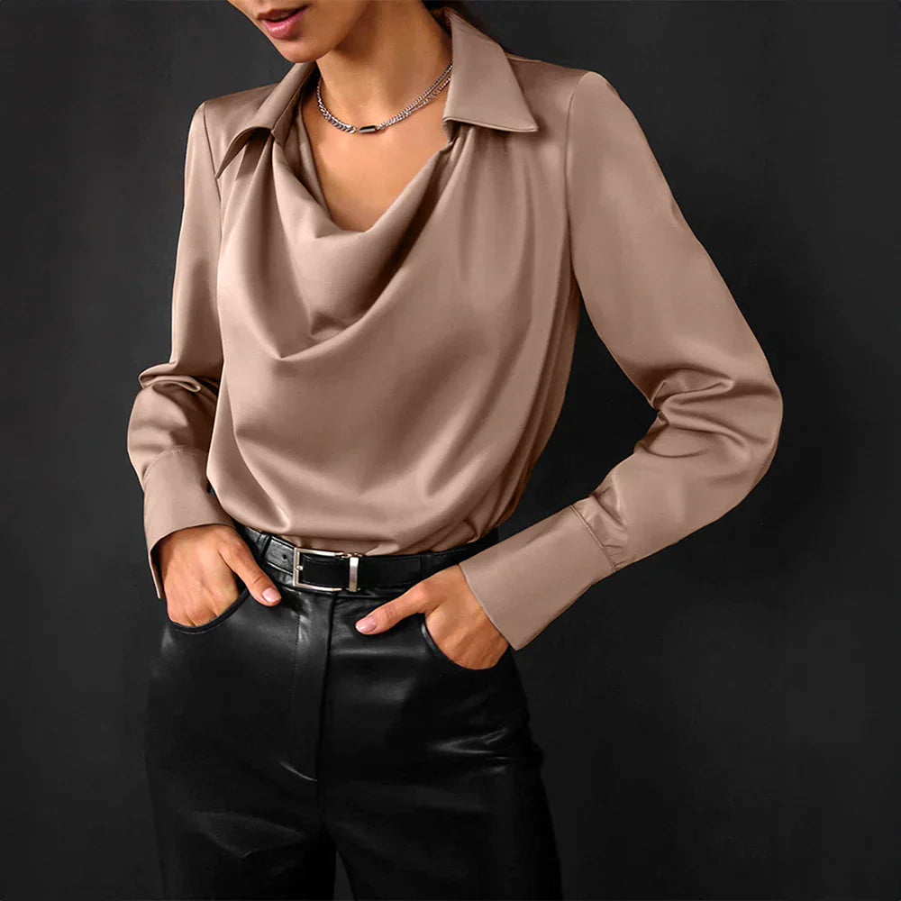 Bianca | Women's Satin Blouse Cowl Neck Long Sleeve Point Collar