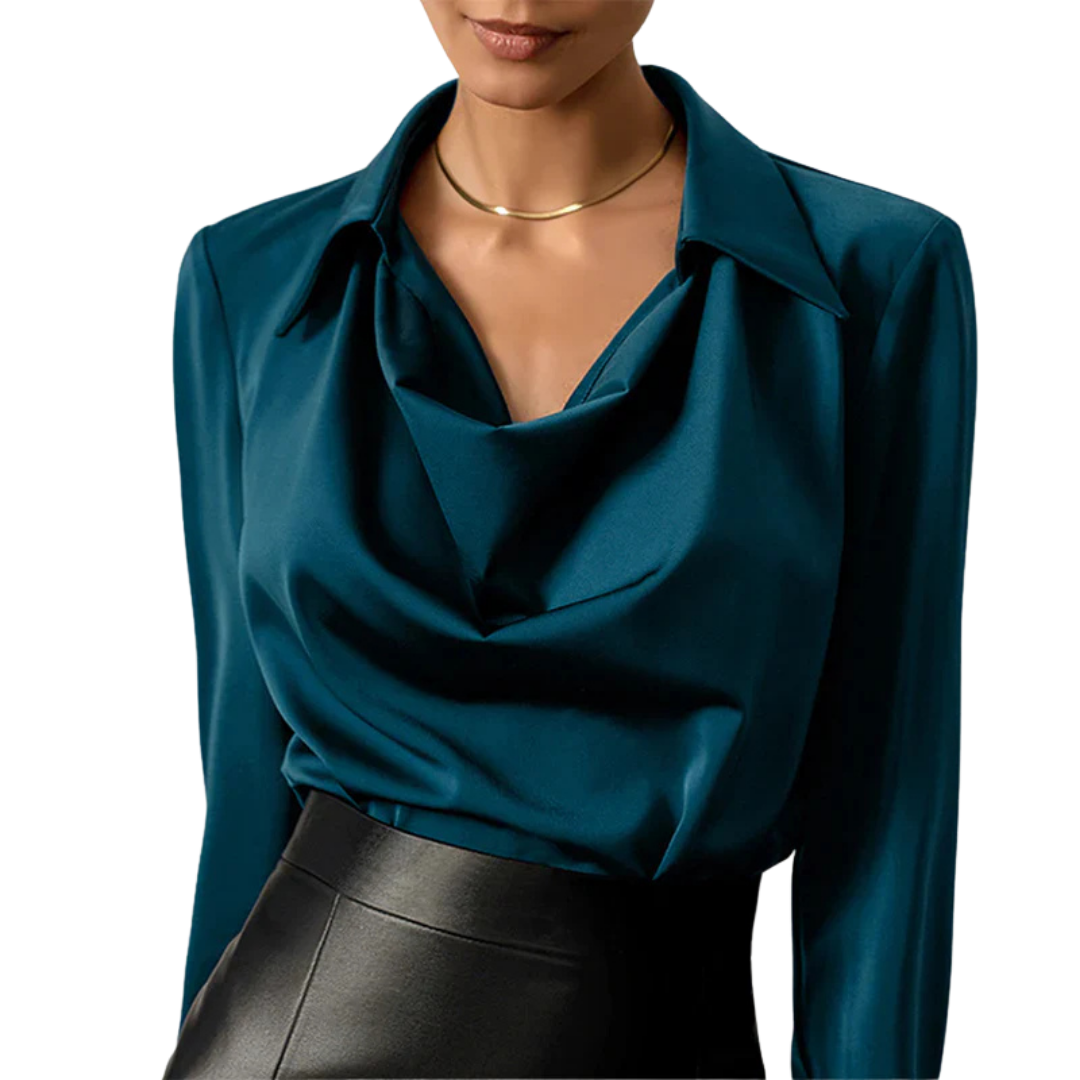 Bianca | Women's Satin Blouse Cowl Neck Long Sleeve Point Collar 1
