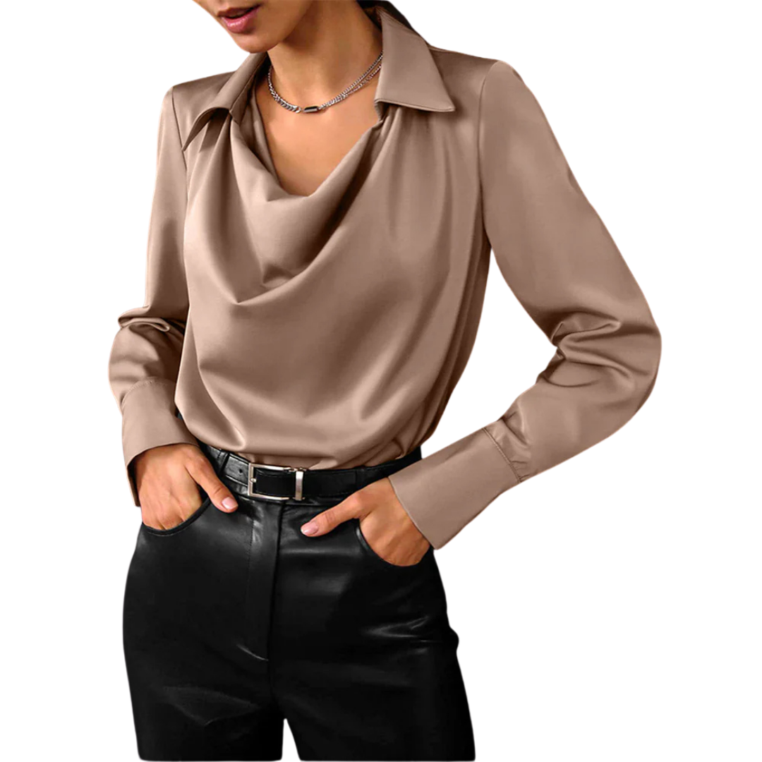 Bianca | Women's Satin Blouse Cowl Neck Long Sleeve Point Collar 2