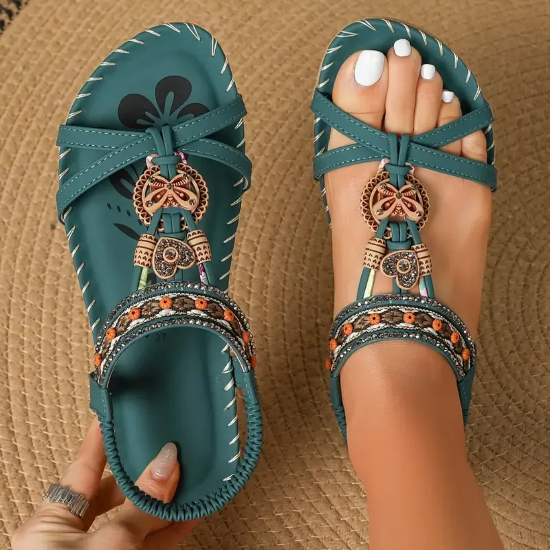 Bonnie | Women's Bohemian Flat Sandals Beaded T-Strap Slingback