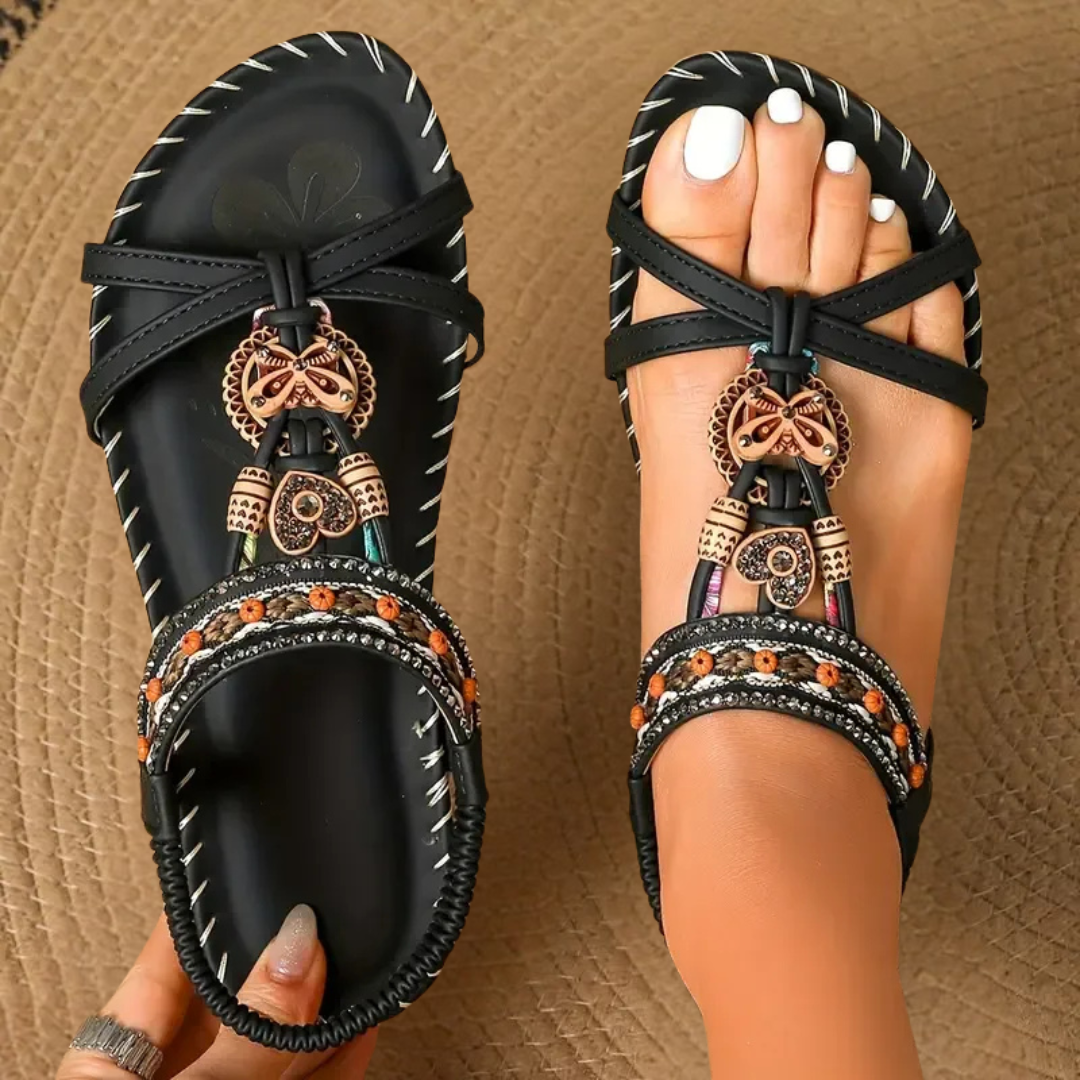 Bonnie | Women's Bohemian Flat Sandals Beaded T-Strap Slingback 2