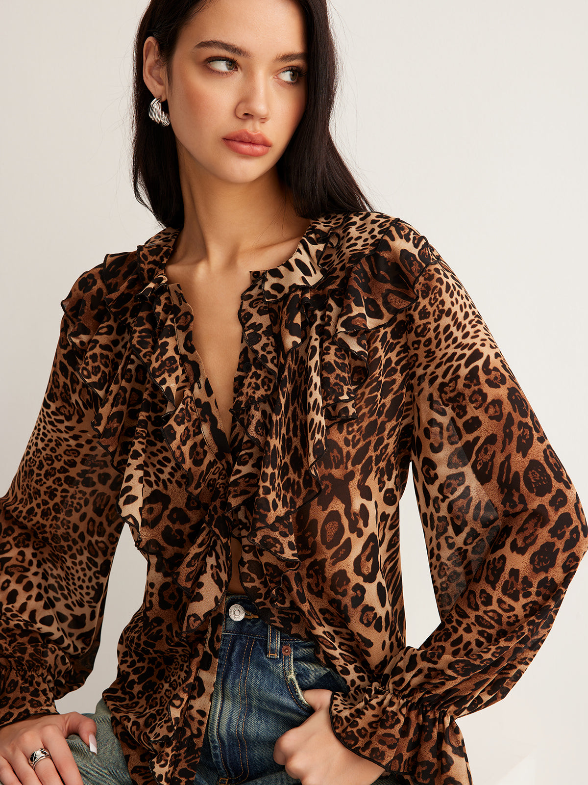 Brina | Women's Leopard Ruffle Neck Blouse