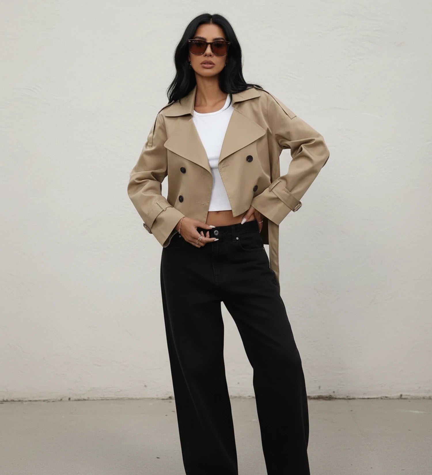 Crisma | Cropped Double-Breasted Tan Trench Jacket 0