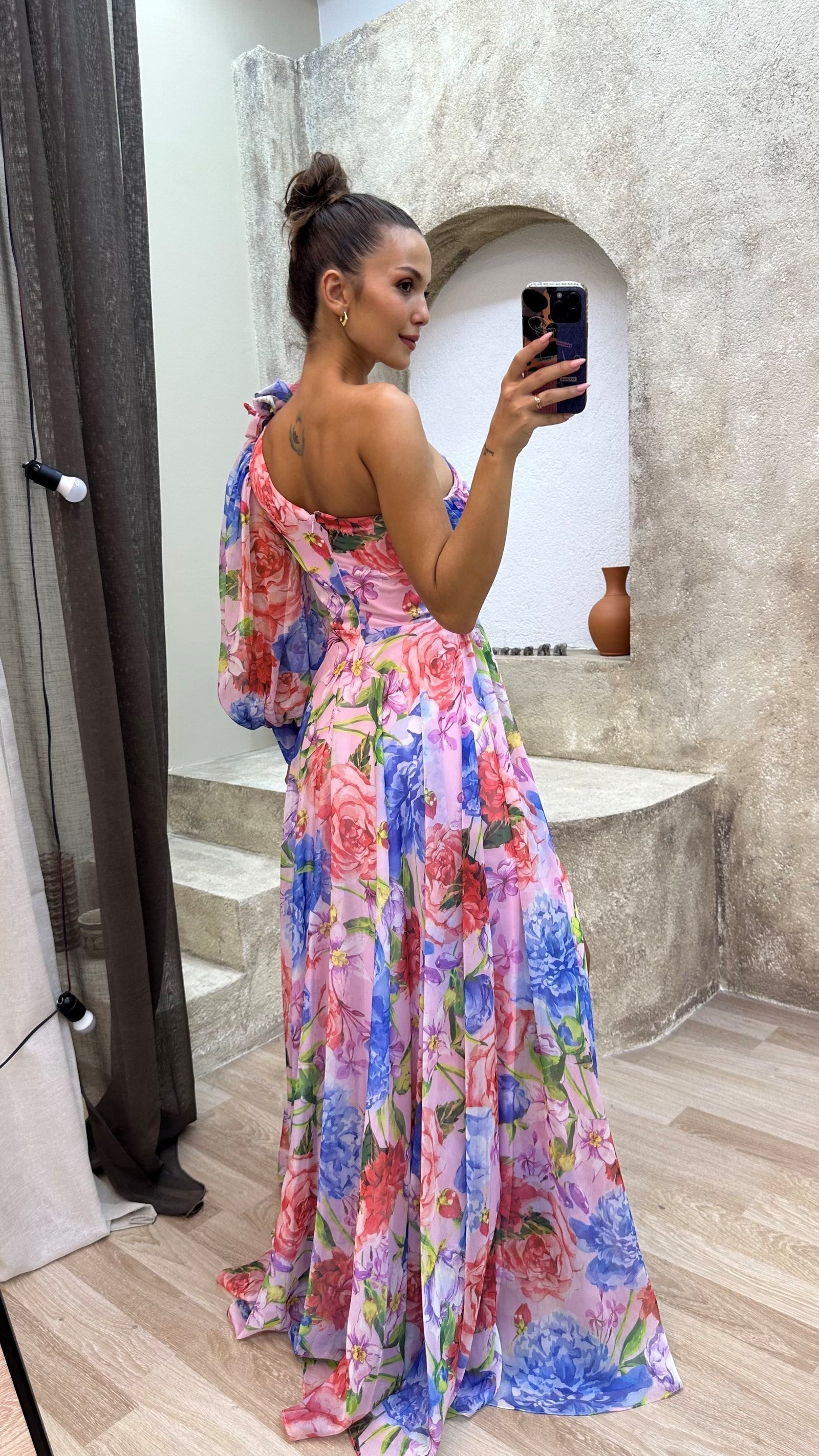 Dana | Women's Floral Print One Shoulder Puff Sleeve Maxi Dress 1