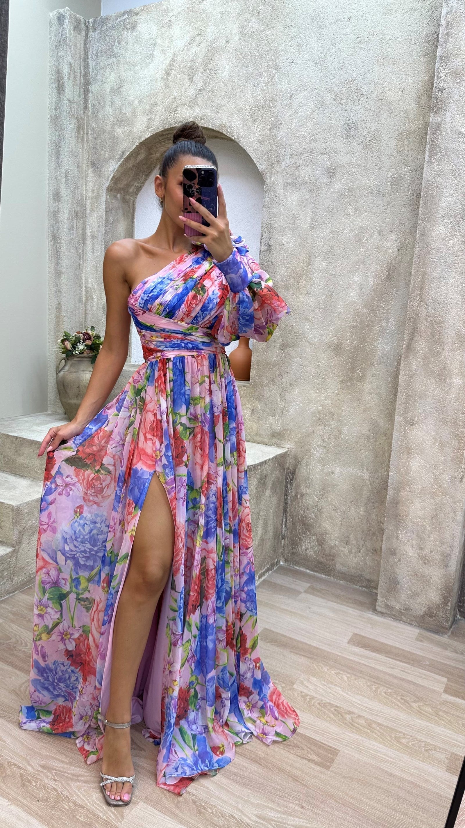Dana | Women's Floral Print One Shoulder Puff Sleeve Maxi Dress 6