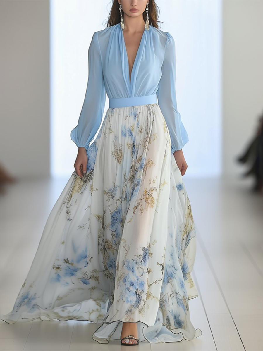 Dani | Women's Floral Print V-Neck Long Sleeve Maxi Dress