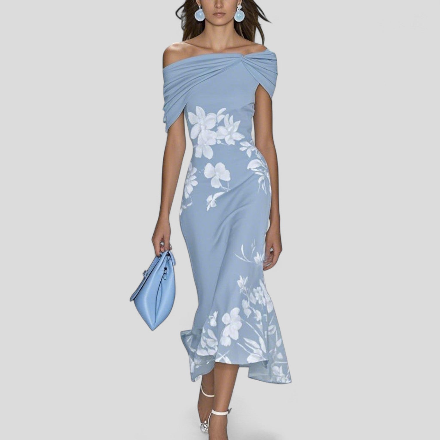 Dara | Women's Off-Shoulder Midi Dress Floral Print Ruffle Hem 1
