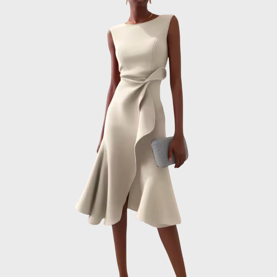 Dara | Women's Sleeveless Draped Asymmetric Ruffle Midi Dress 10