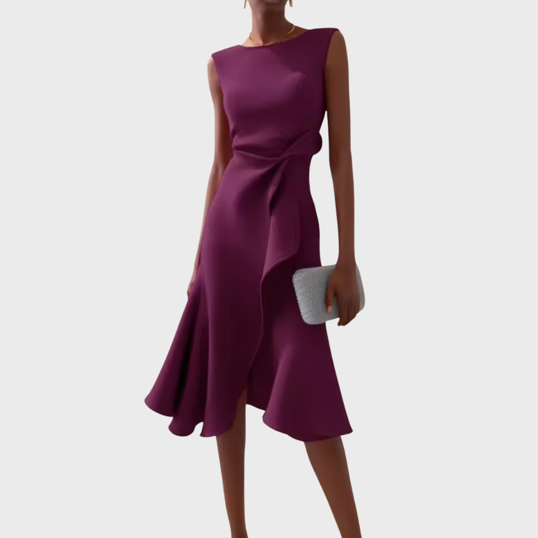 Dara | Women's Sleeveless Draped Asymmetric Ruffle Midi Dress 6