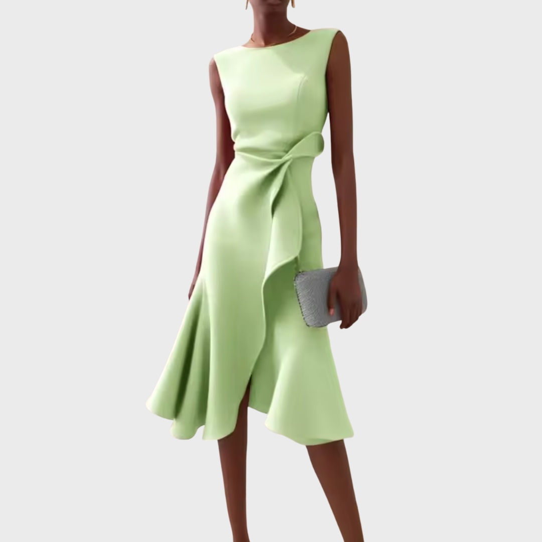 Dara | Women's Sleeveless Draped Asymmetric Ruffle Midi Dress 7