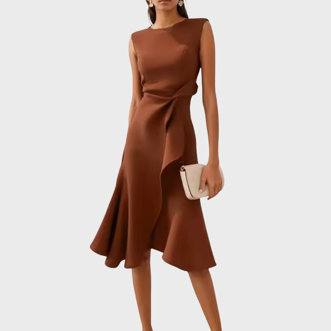 Dara | Women's Sleeveless Draped Asymmetric Ruffle Midi Dress 8