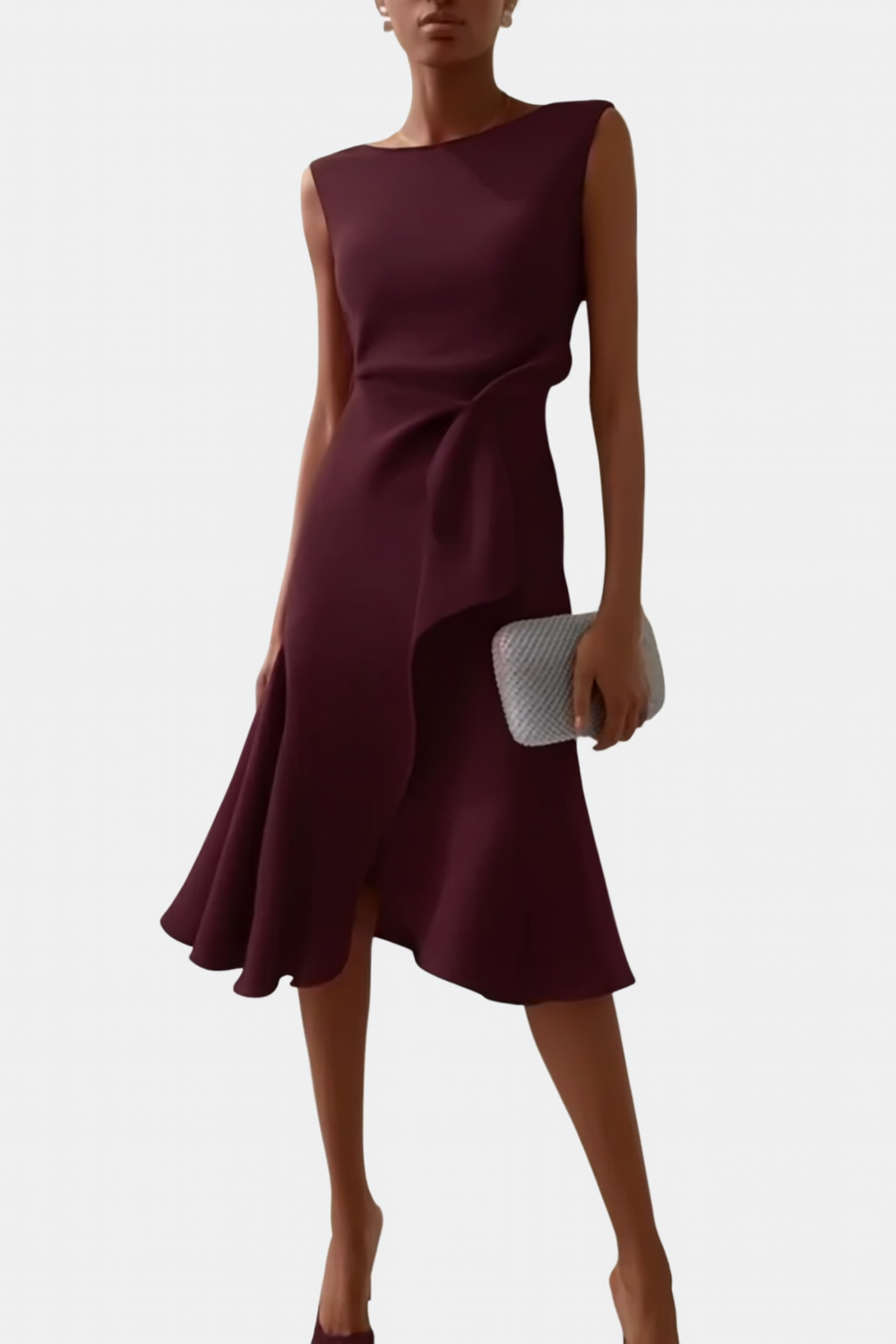 Dara | Women's Sleeveless Draped Asymmetric Ruffle Midi Dress 9