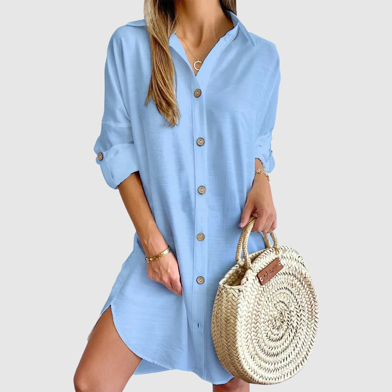 Daria | Women's Button Down Roll Tab Sleeve Shirt Dress