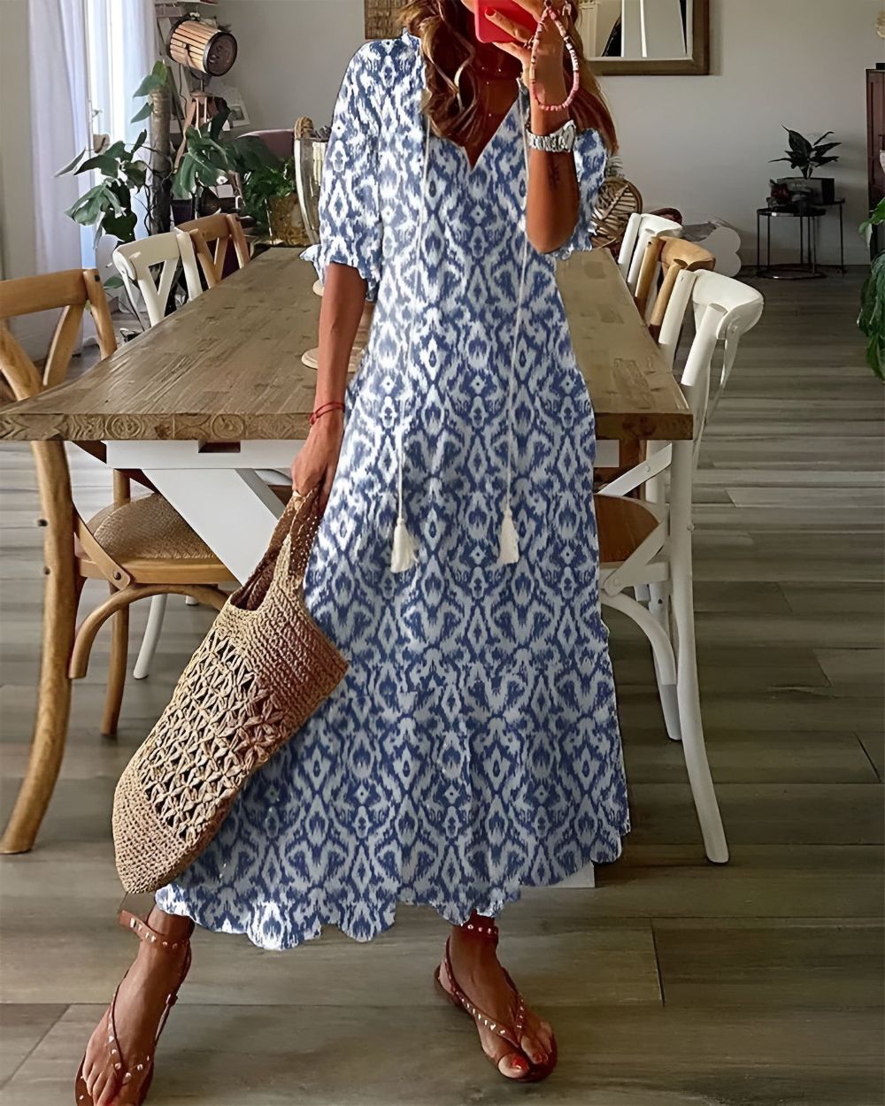 Darla | Women's Ikat Print V-Neck Tassel Tie Maxi Dress