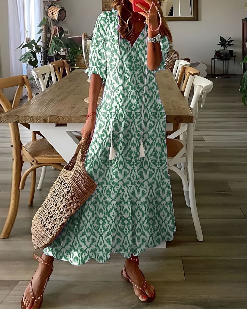 Darla | Women's Ikat Print V-Neck Tassel Tie Maxi Dress 1