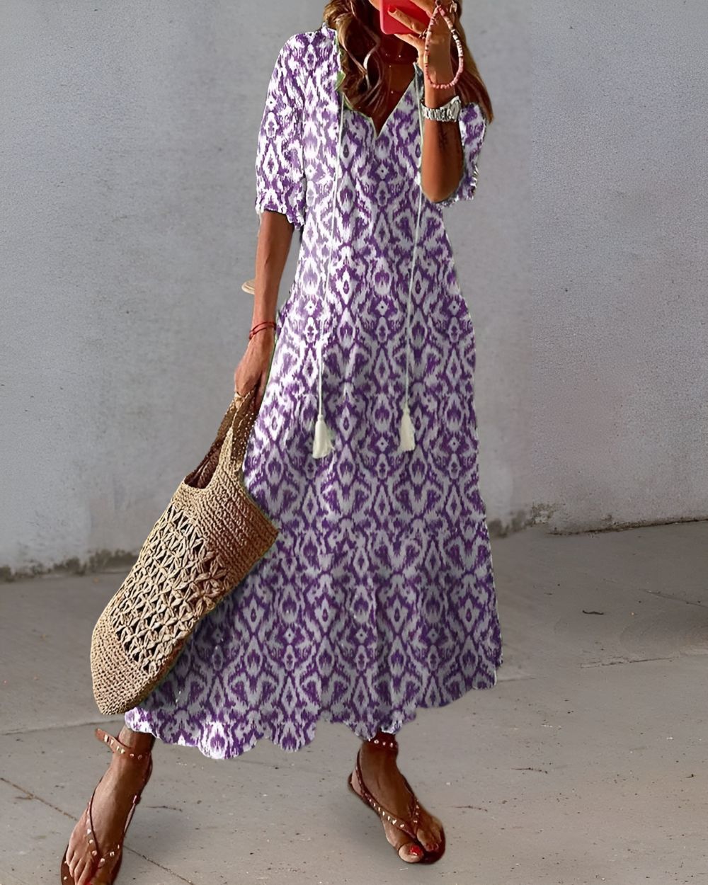 Darla | Women's Ikat Print V-Neck Tassel Tie Maxi Dress 2