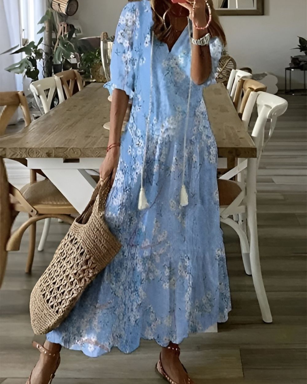 Darla | Women's Ikat Print V-Neck Tassel Tie Maxi Dress 3