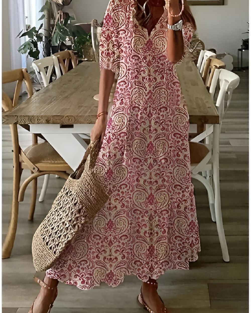 Darla | Women's Ikat Print V-Neck Tassel Tie Maxi Dress 4