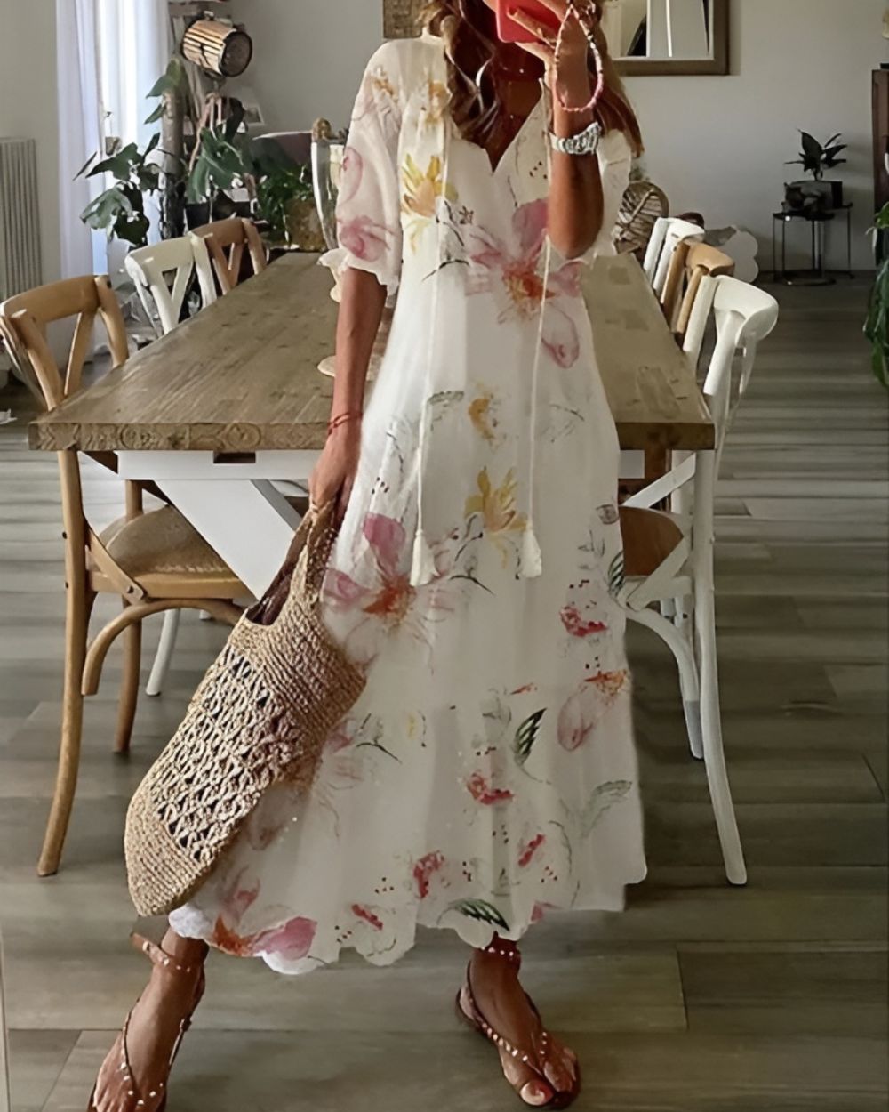 Darla | Women's Ikat Print V-Neck Tassel Tie Maxi Dress 5