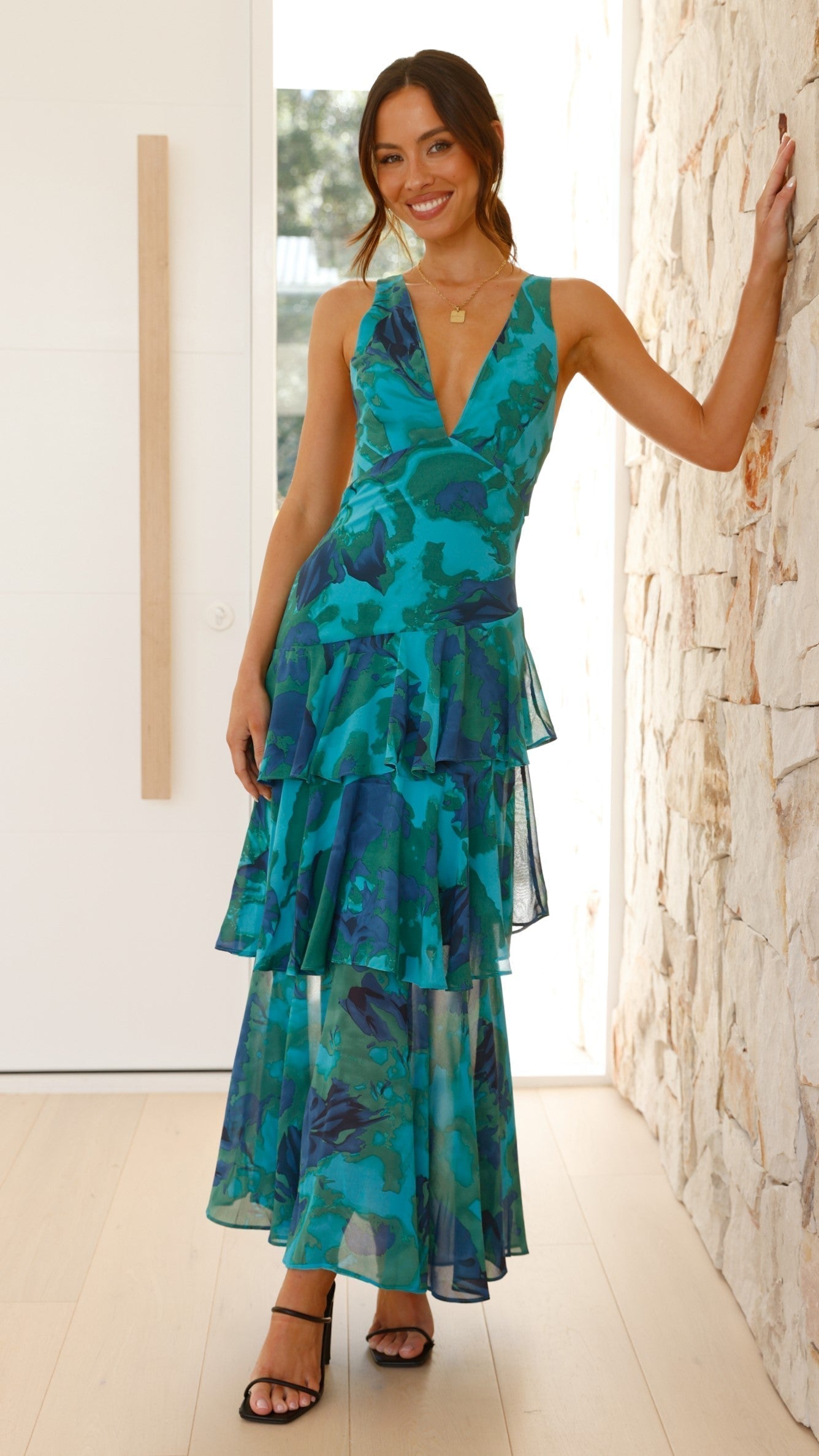 Deena | Women's Floral Deep V-Neck Tiered Ruffle Maxi Dress 1
