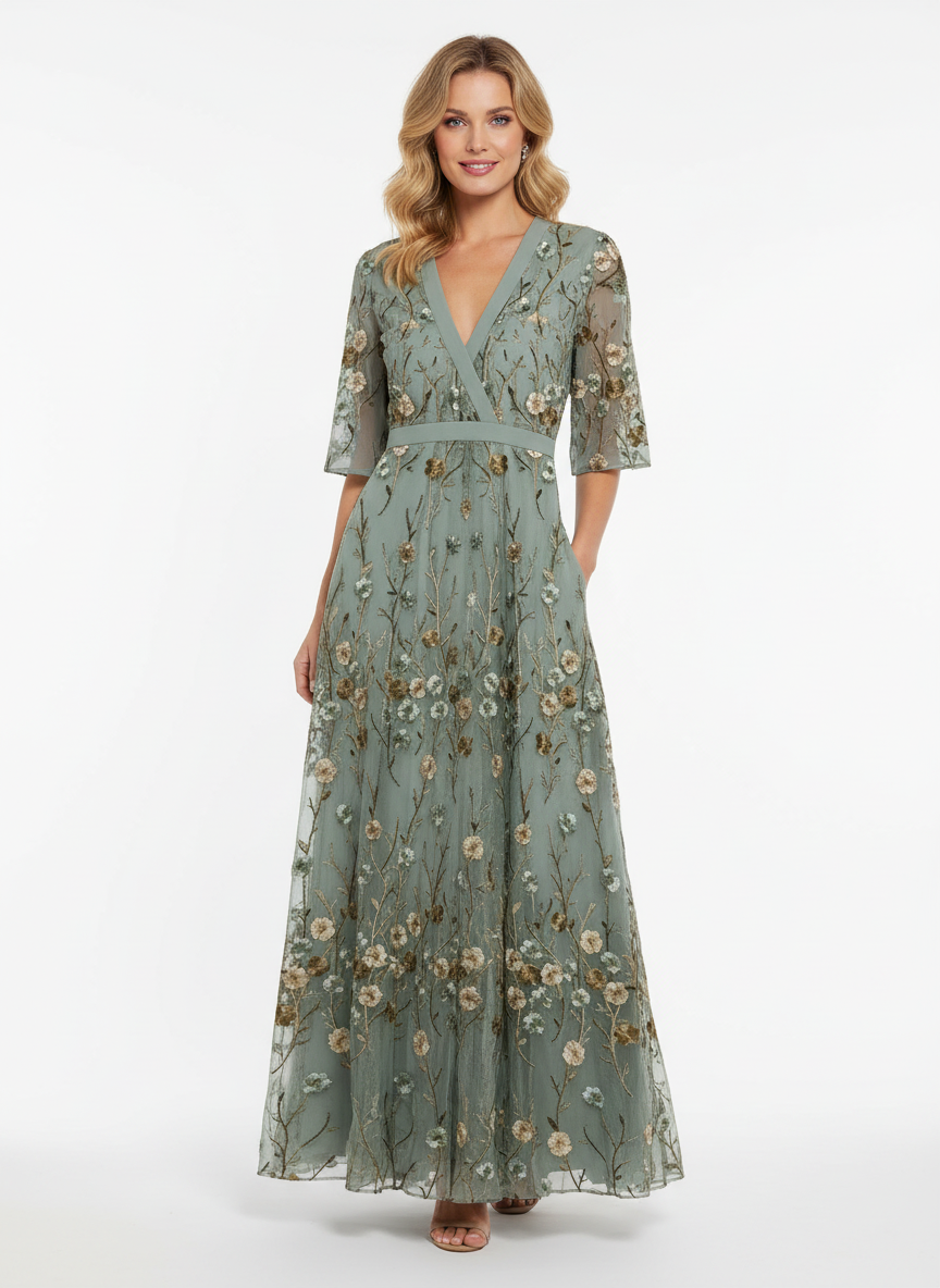 Della | Women's Floral Embroidered V-Neck Half Sleeve Maxi Dress
