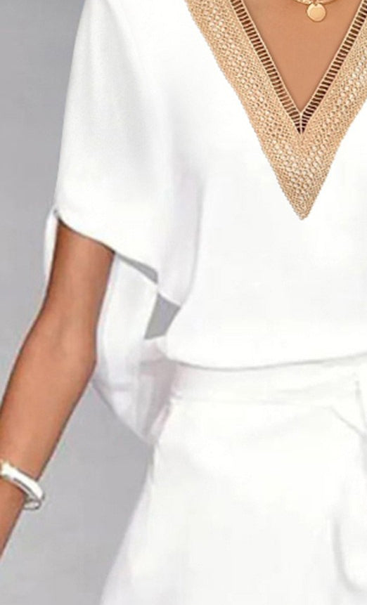 Della | Women's White Sequin V-Neck Belted Dolman Midi Dress 1