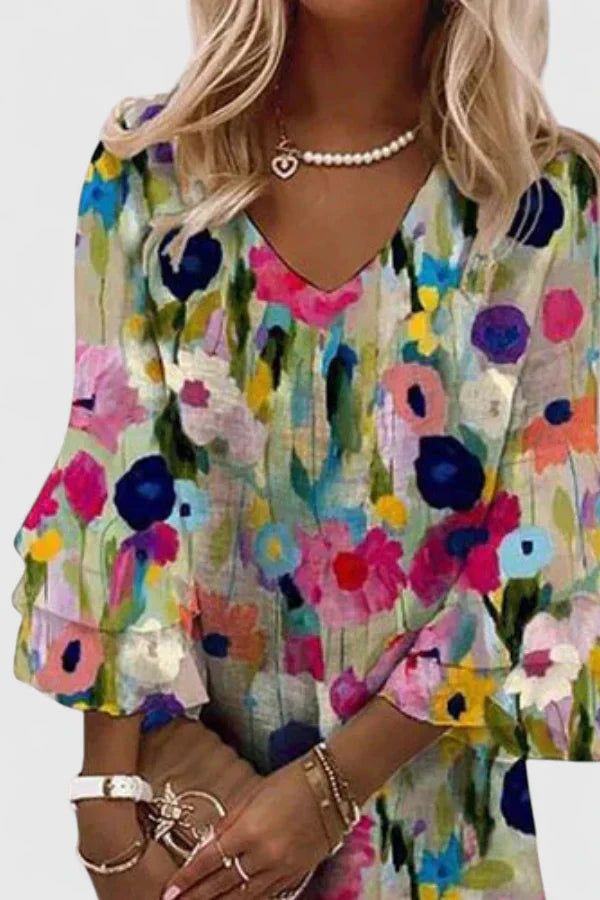 Demi | Women's Mini Dress V-Neck Floral Print Ruffle Sleeves 2