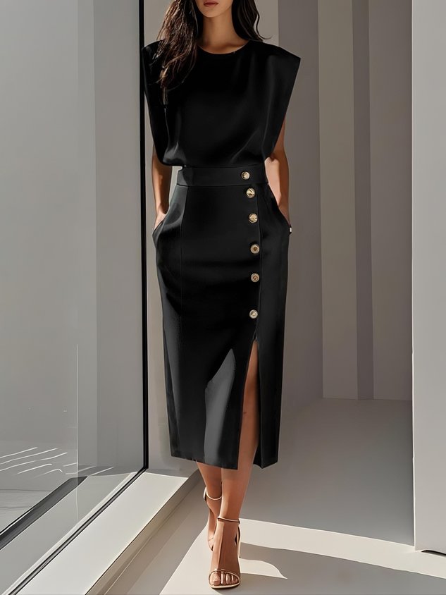 Demi | Women's Padded Shoulder Button Front Midi Dress 1