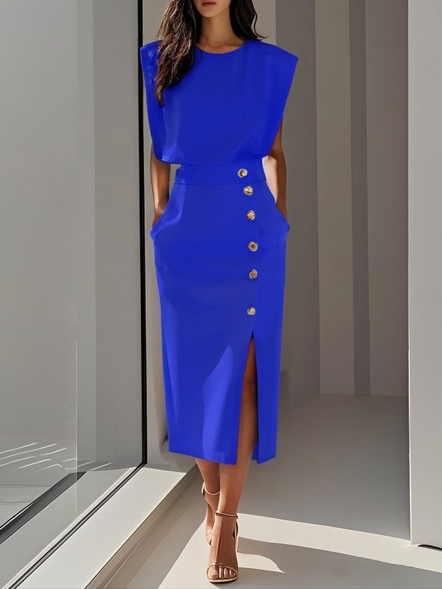Demi | Women's Padded Shoulder Button Front Midi Dress 5