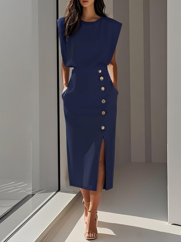 Demi | Women's Padded Shoulder Button Front Midi Dress 7