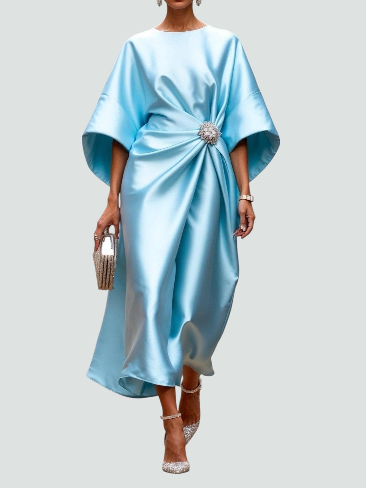 Dena | Women's Satin Midi Dress Batwing Sleeve Brooch 2
