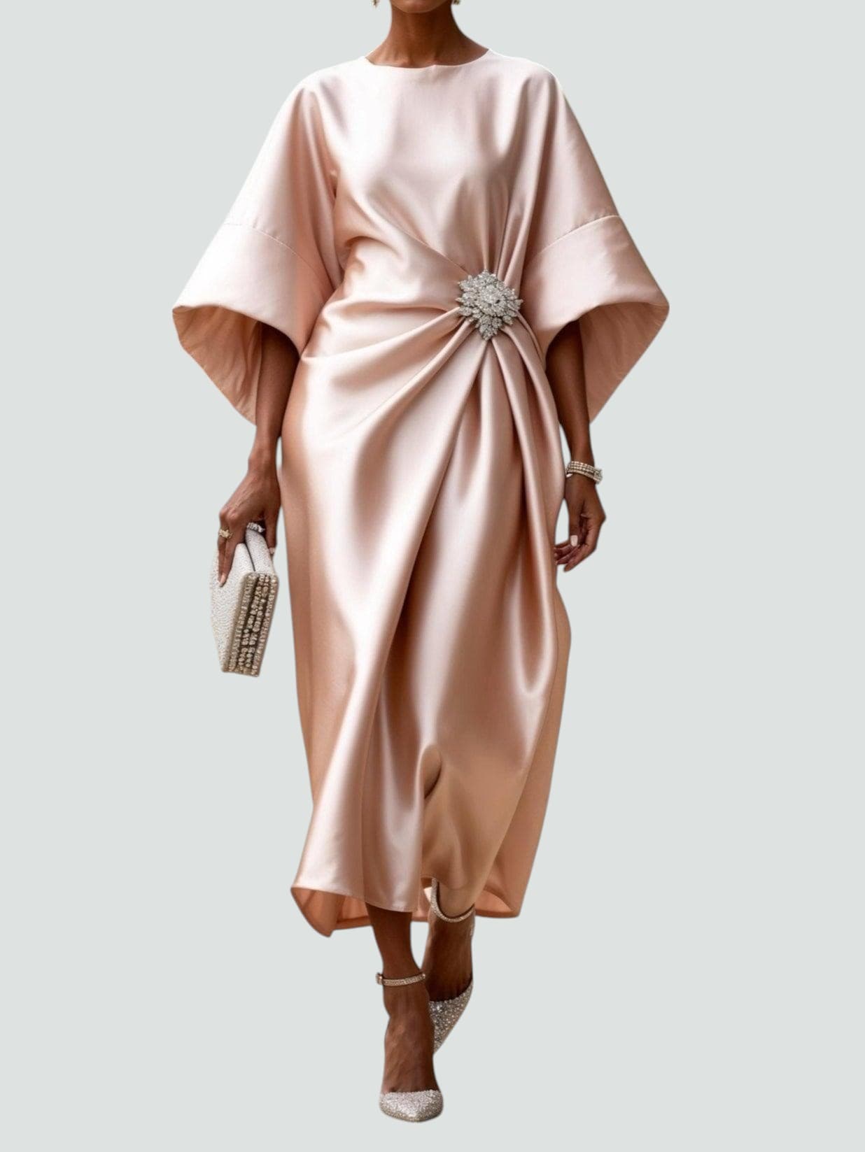 Dena | Women's Satin Midi Dress Batwing Sleeve Brooch 4