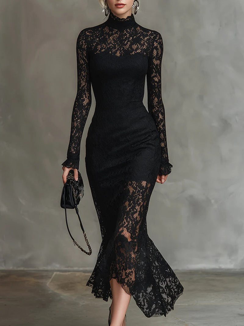 Diana | Women's Black Lace Mock Neck Bodycon Midi Dress