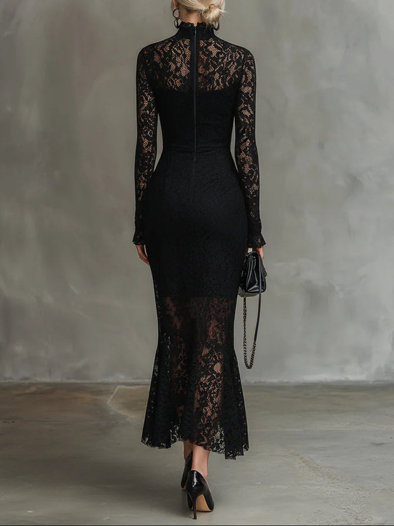 Diana | Women's Black Lace Mock Neck Bodycon Midi Dress 1