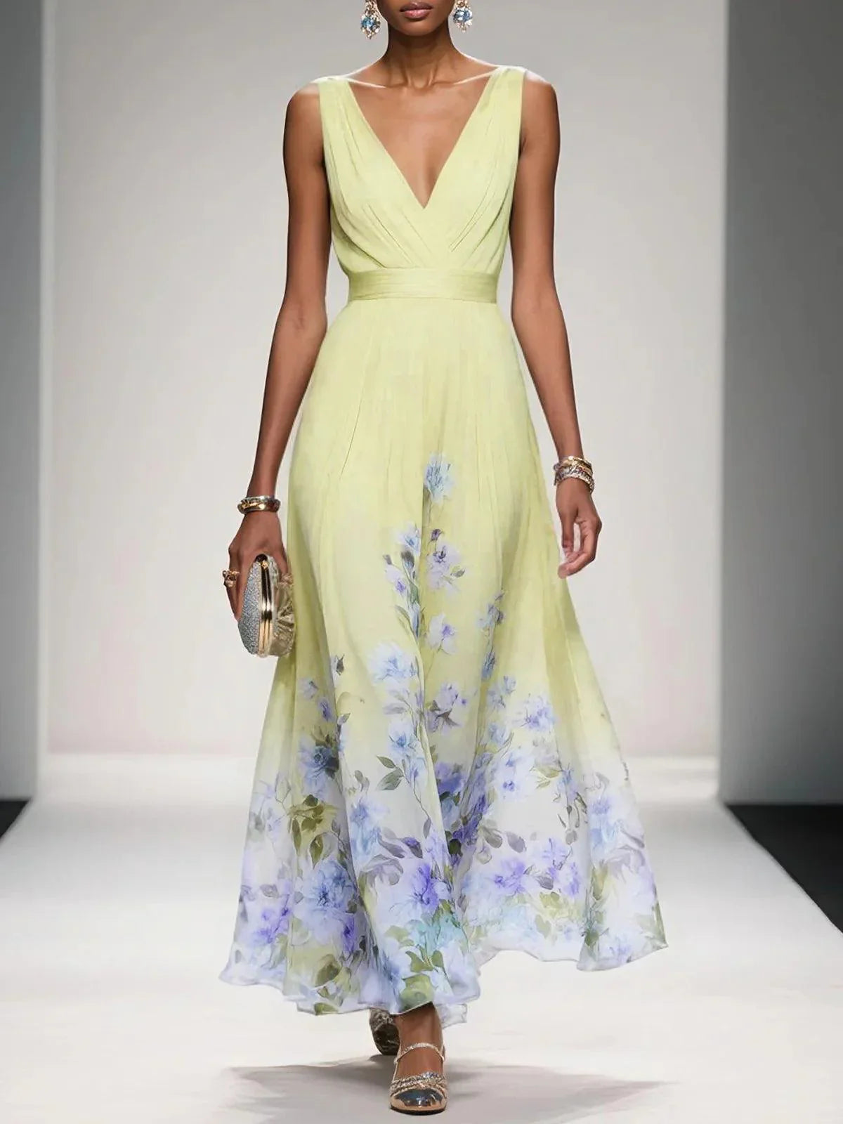 Diana | Women's Chiffon Maxi Dress V-Neck Floral Border Print 2