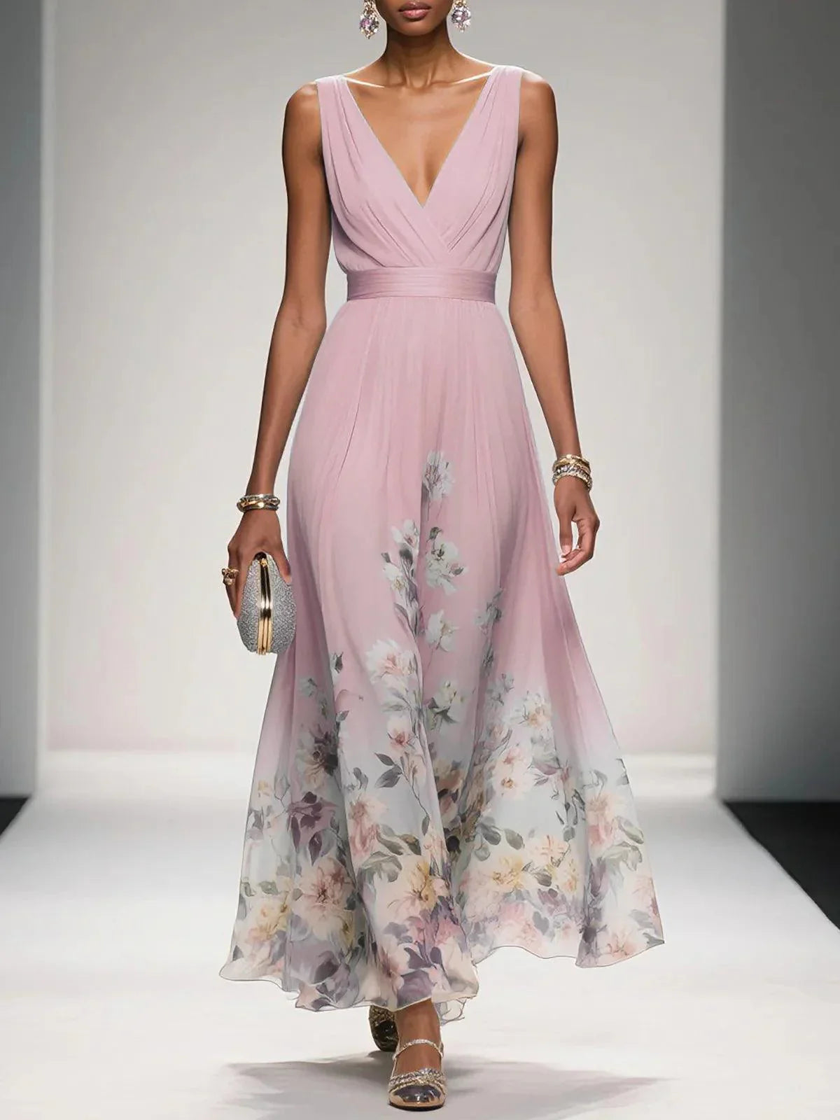 Diana | Women's Chiffon Maxi Dress V-Neck Floral Border Print 4