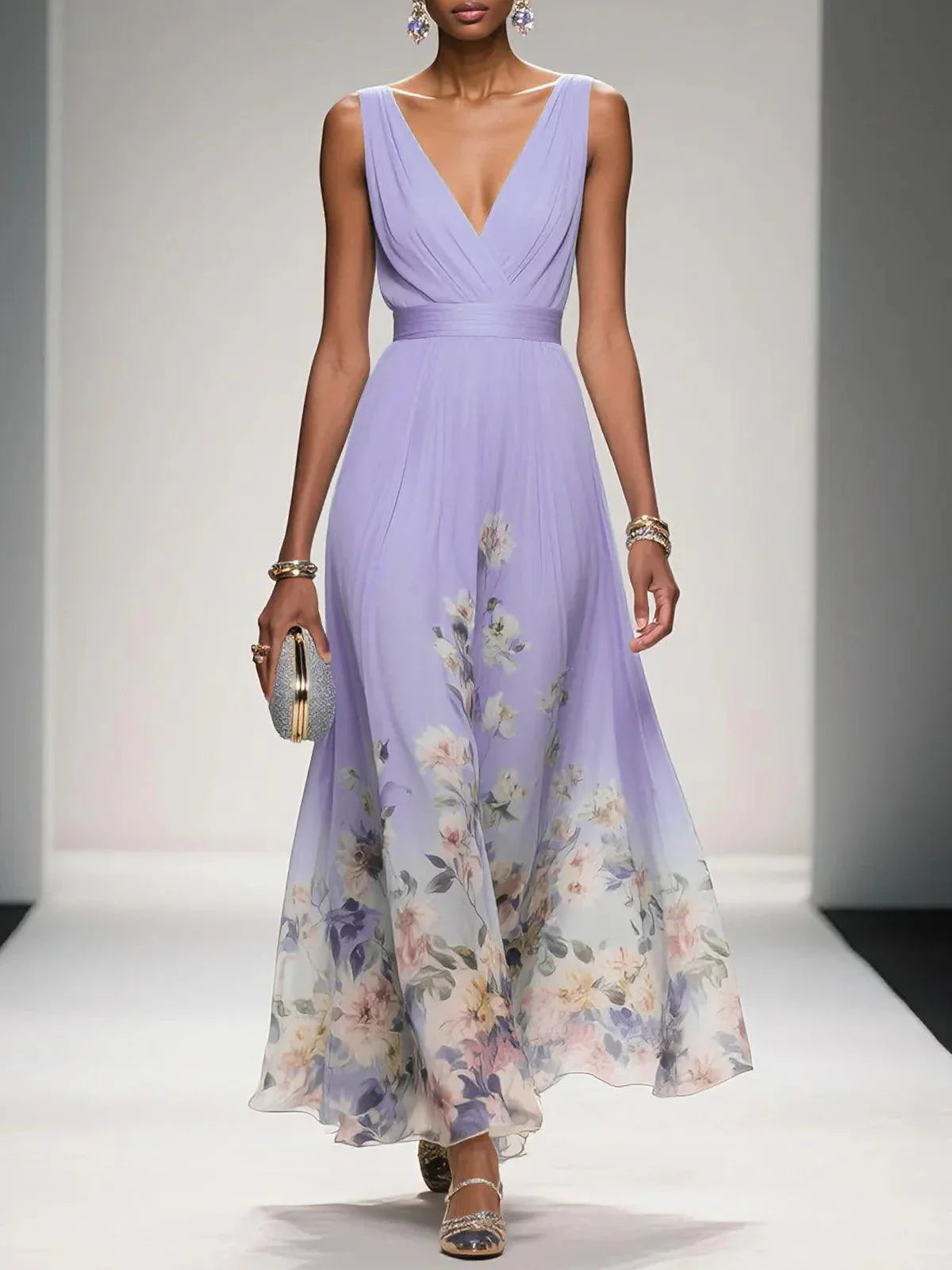 Diana | Women's Chiffon Maxi Dress V-Neck Floral Border Print 5