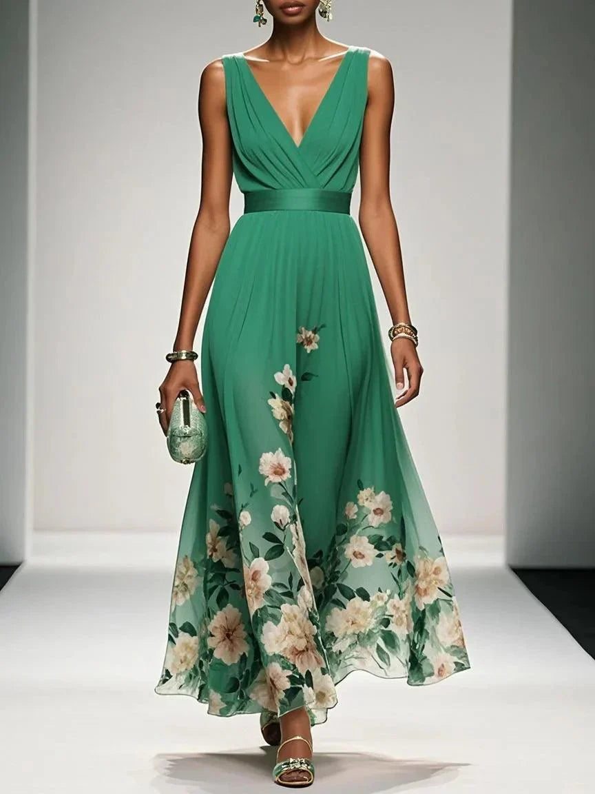 Diana | Women's Chiffon Maxi Dress V-Neck Floral Border Print 7