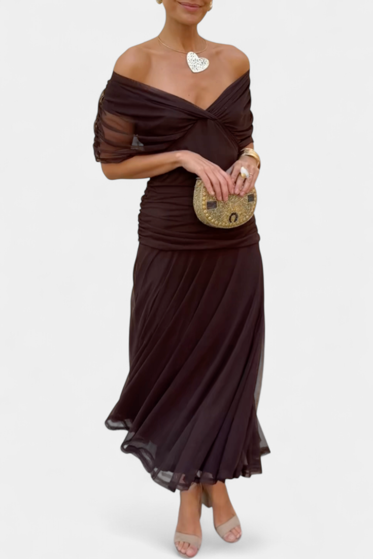 Dina | Women's Off-Shoulder Maxi Dress Ruched V-Neck 1