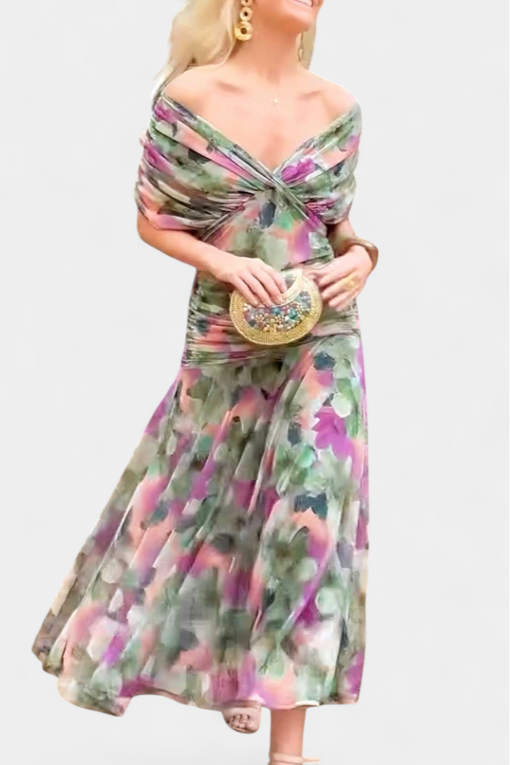 Dina | Women's Off-Shoulder Maxi Dress Ruched V-Neck 8