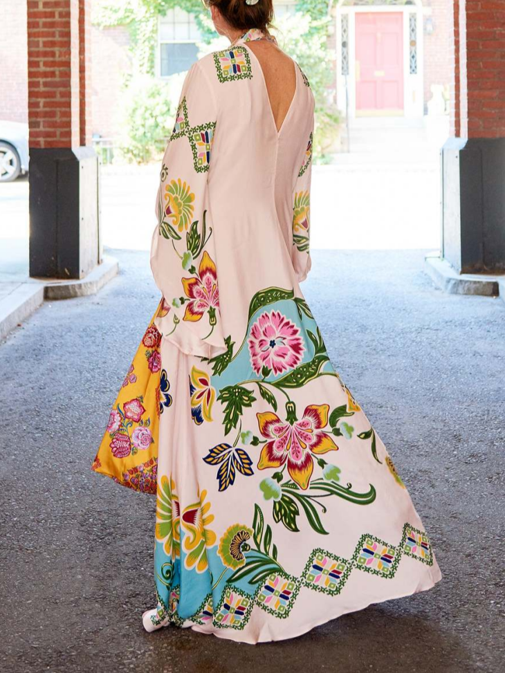 Donna | Women's Floral Print Mock Neck Bell Sleeve Maxi Dress 6