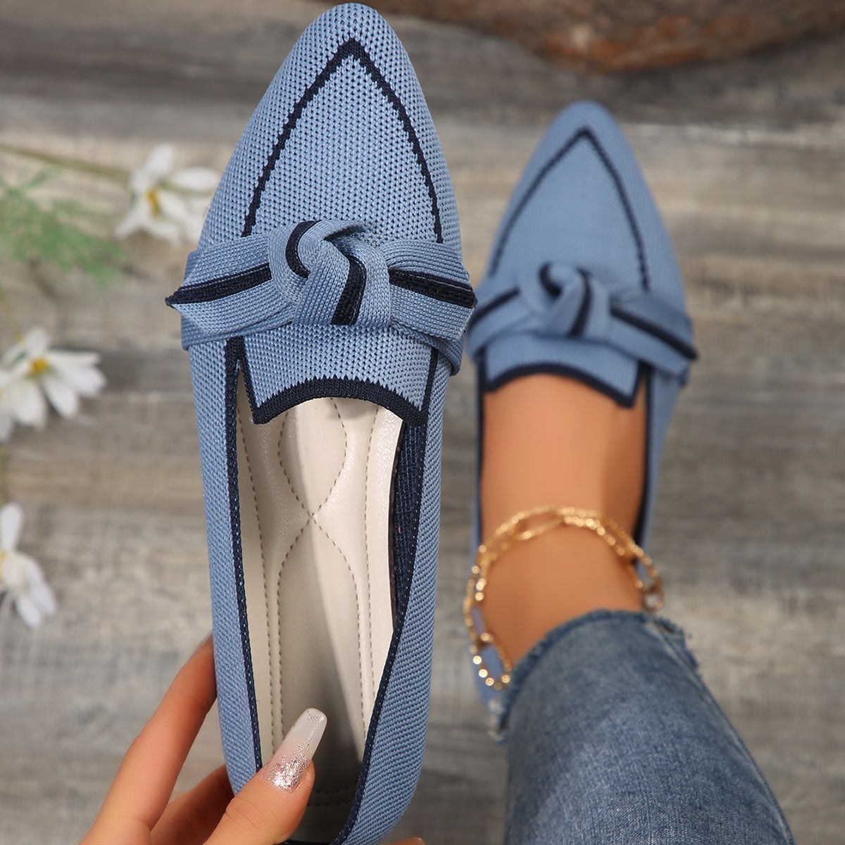 Fiona | Women's Pointed Toe Knit Flats Slip-On Bow Detail