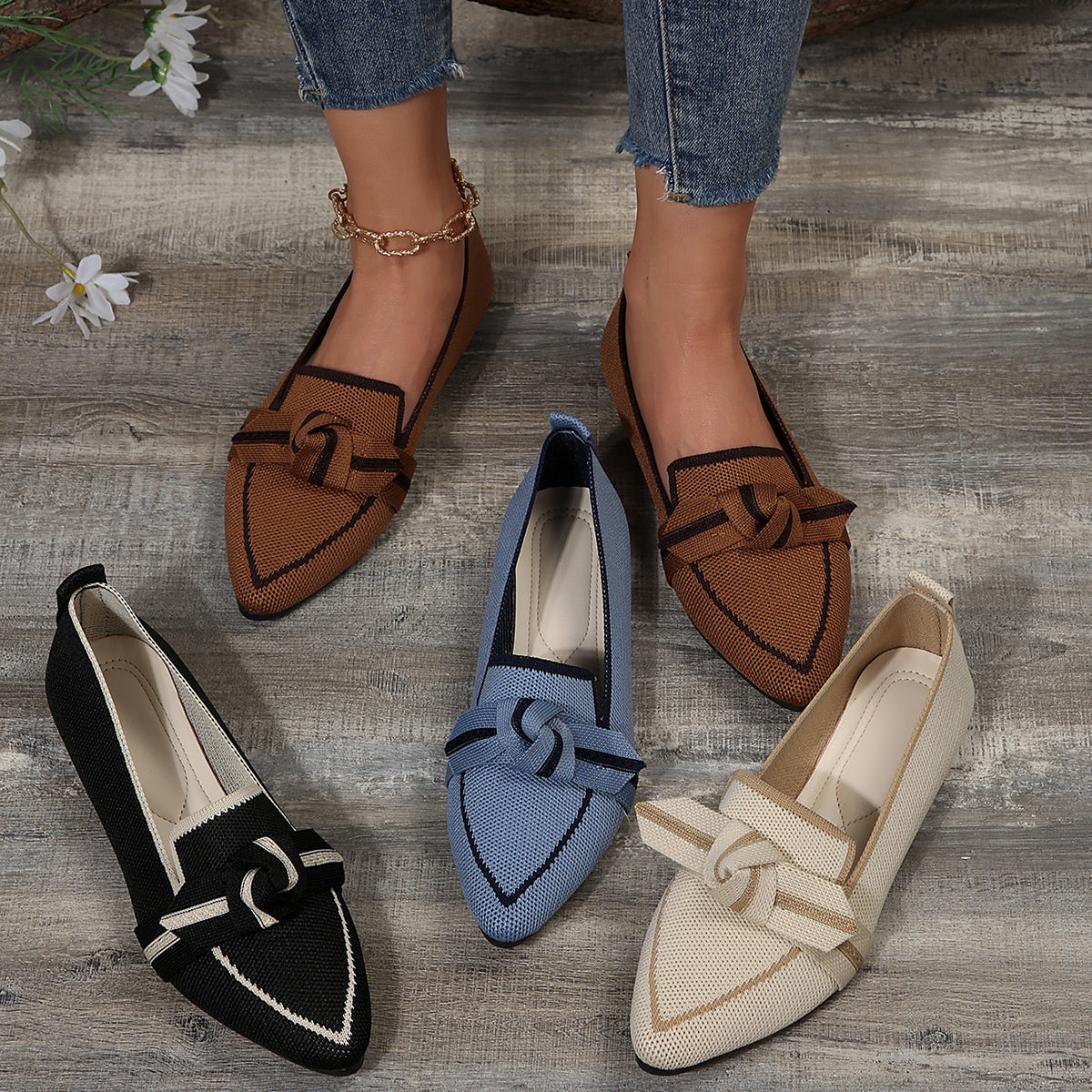 Fiona | Women's Pointed Toe Knit Flats Slip-On Bow Detail 1