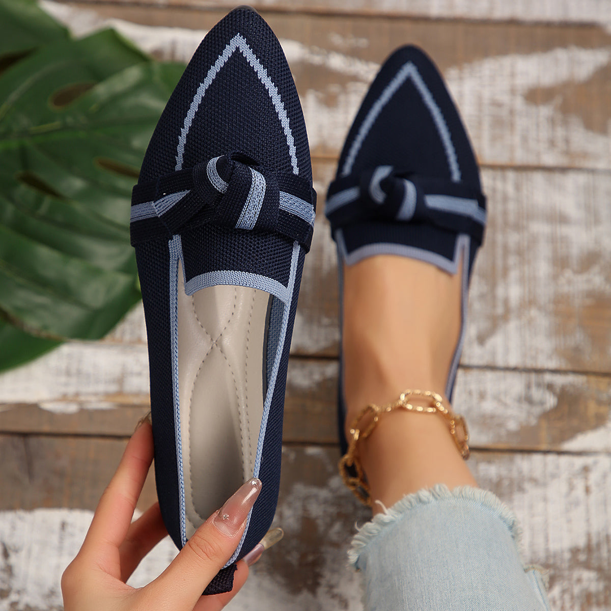 Fiona | Women's Pointed Toe Knit Flats Slip-On Bow Detail 4