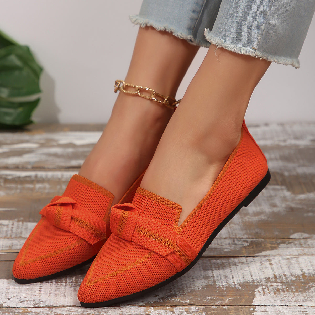 Fiona | Women's Pointed Toe Knit Flats Slip-On Bow Detail 5