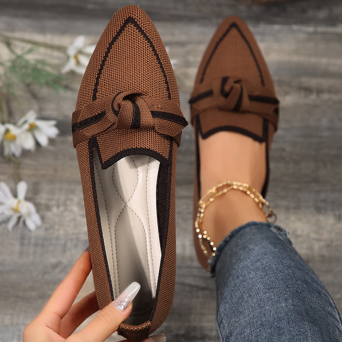 Fiona | Women's Pointed Toe Knit Flats Slip-On Bow Detail 7