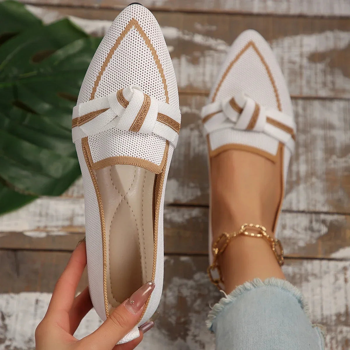 Fiona | Women's Pointed Toe Knit Flats Slip-On Bow Detail 8