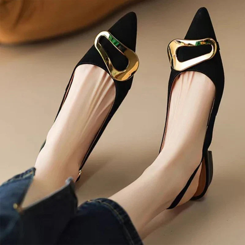 Francesca | Women's Elegant Pointed Toe Suede Flats Metal Hardware Black