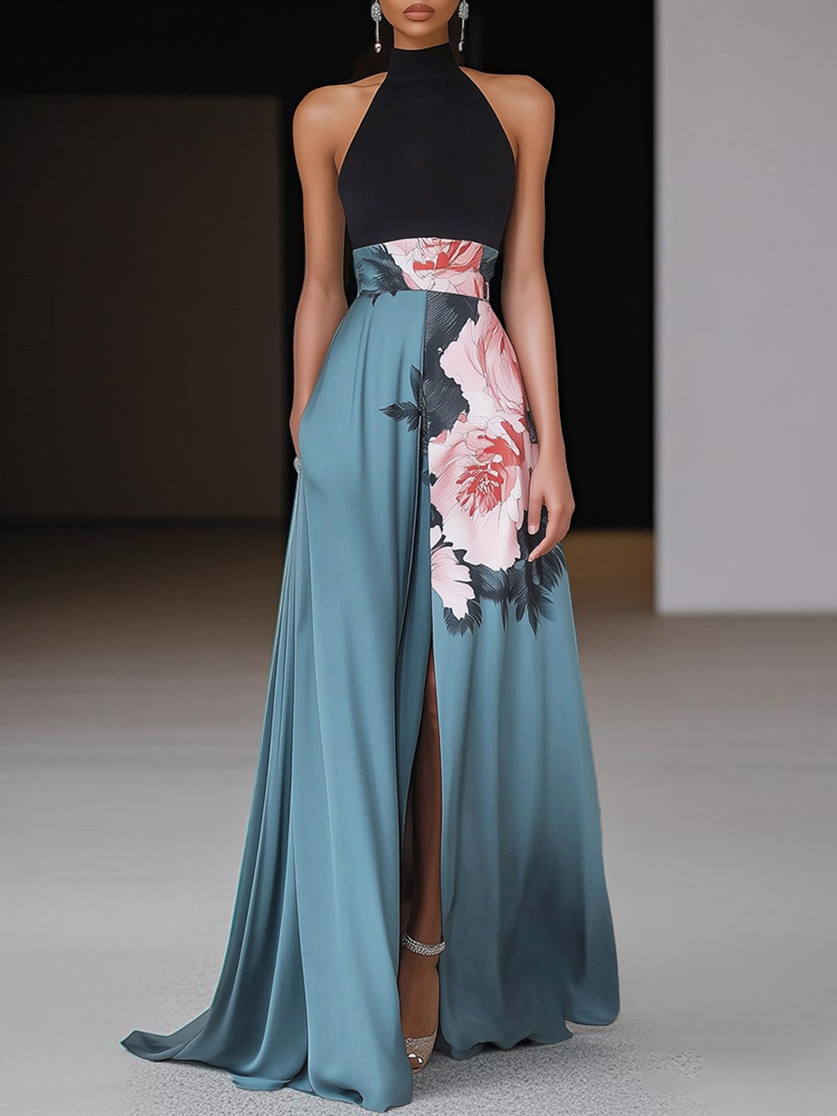 Harper | Women's Halter Neck Floral Front Slit Maxi Dress